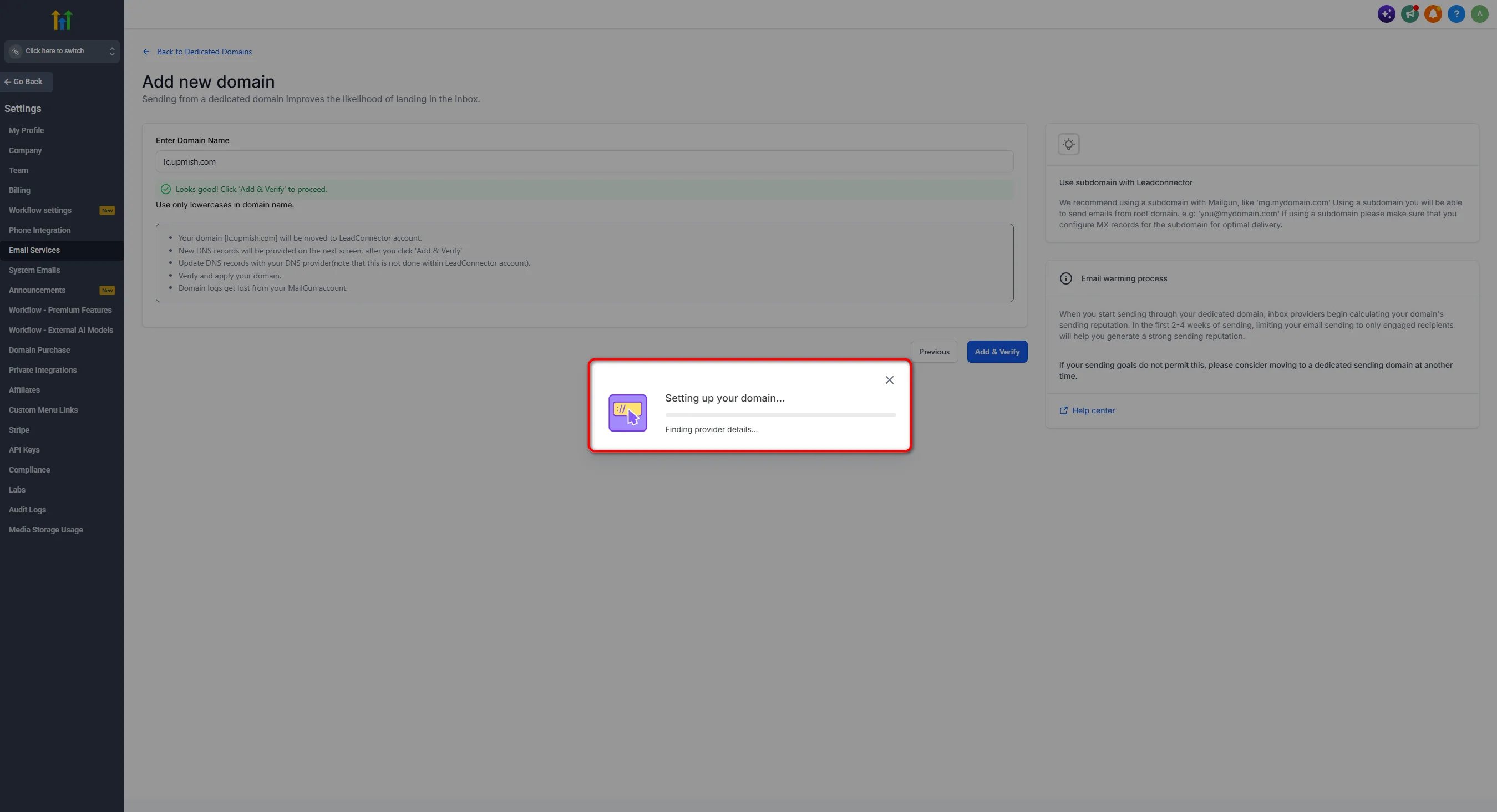 Setting up your domain modal with progress bar and Finding provider details status