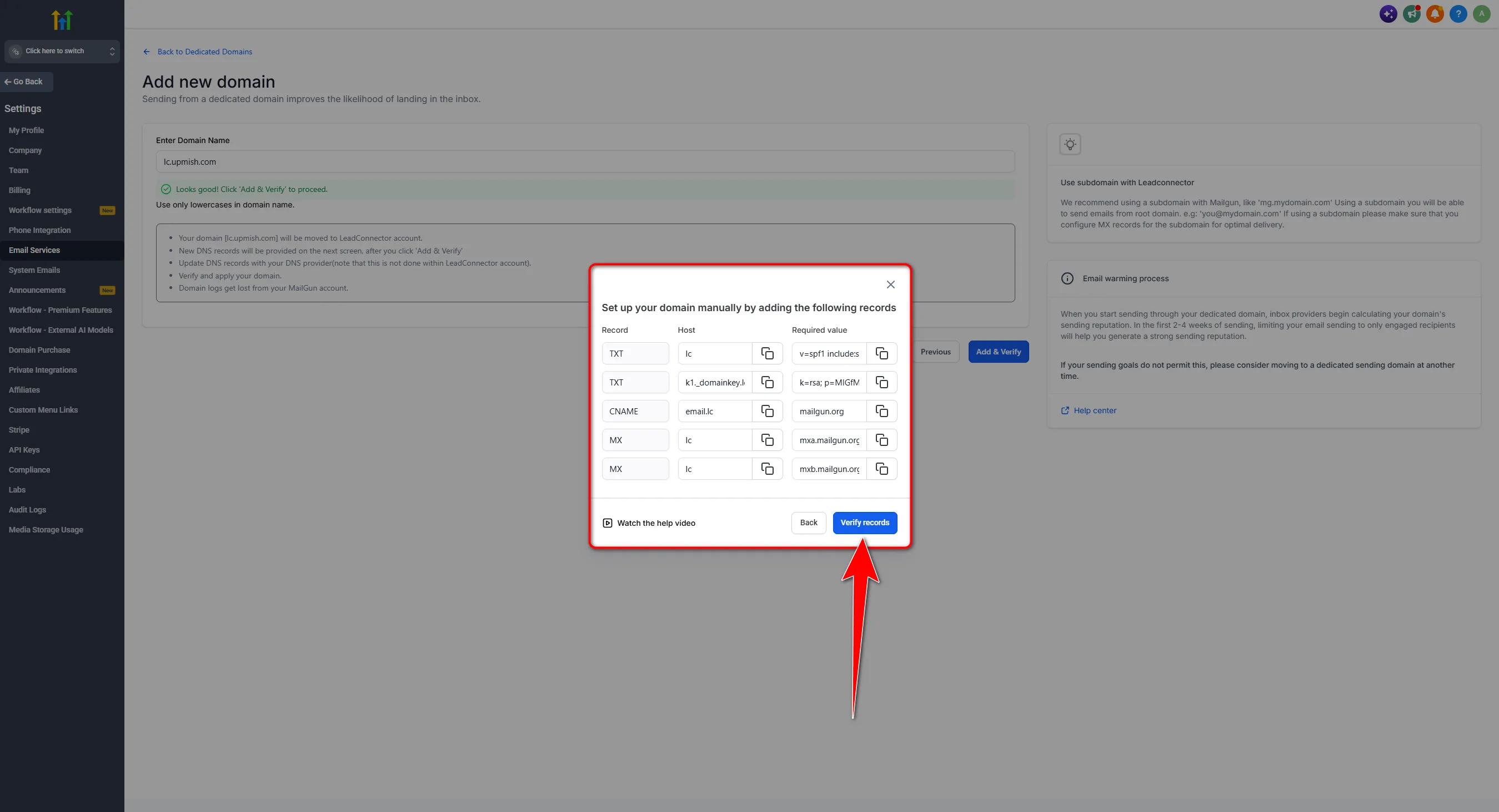 DNS records modal listing TXT, CNAME and MX values with Verify records highlighted
