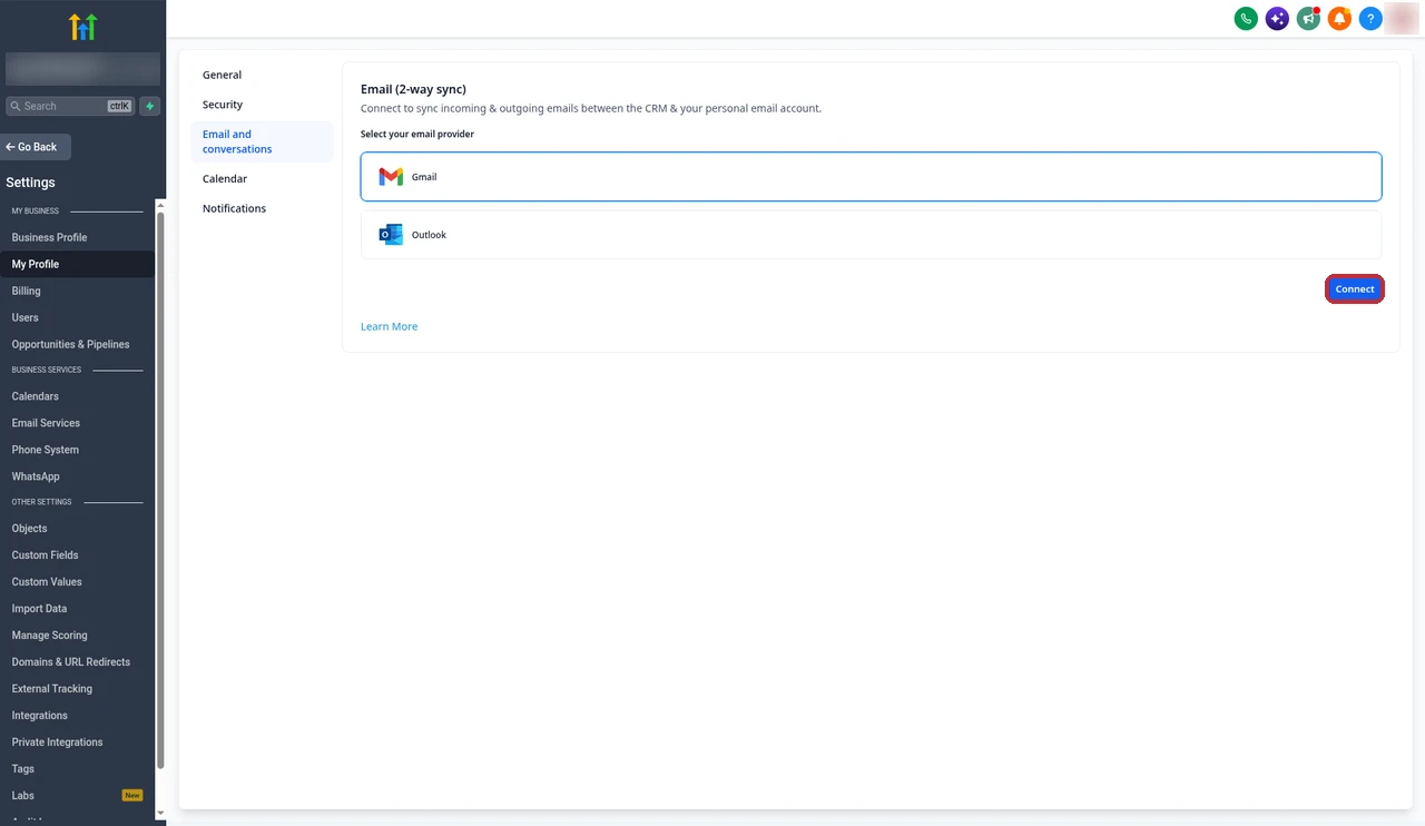 GoHighLevel My Profile, Email and conversations tab, Email 2-way sync section with Gmail selected and the Connect button highlighted