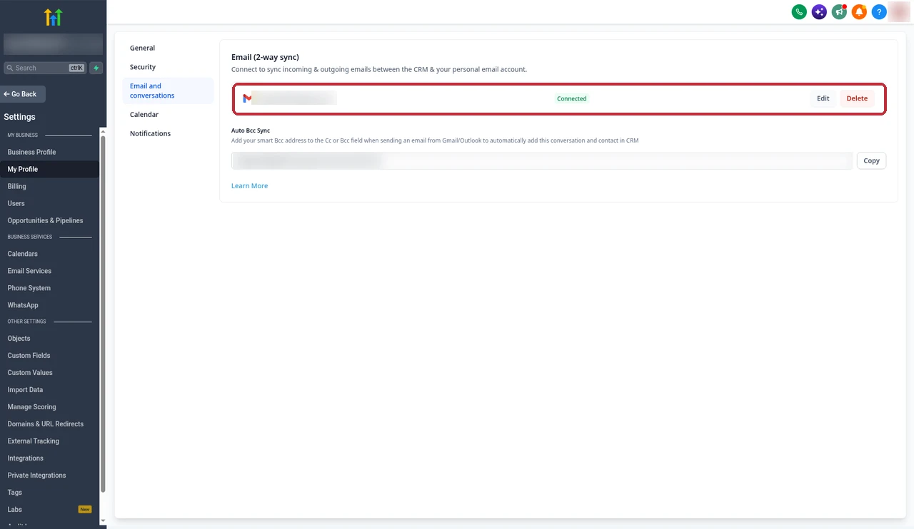 GoHighLevel Email 2-way sync section showing the connected Gmail row with the Connected label and the Edit and Delete buttons highlighted