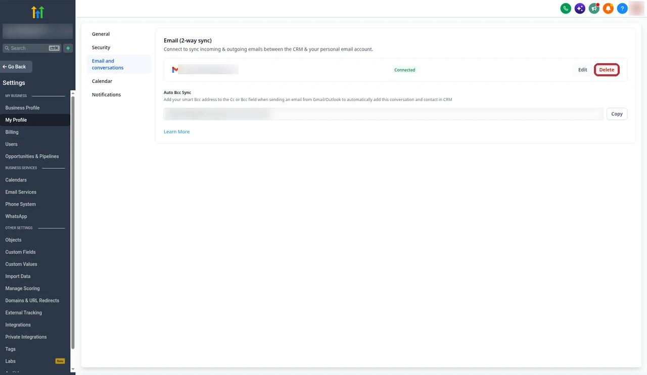 GoHighLevel connected Gmail row with the Delete button highlighted