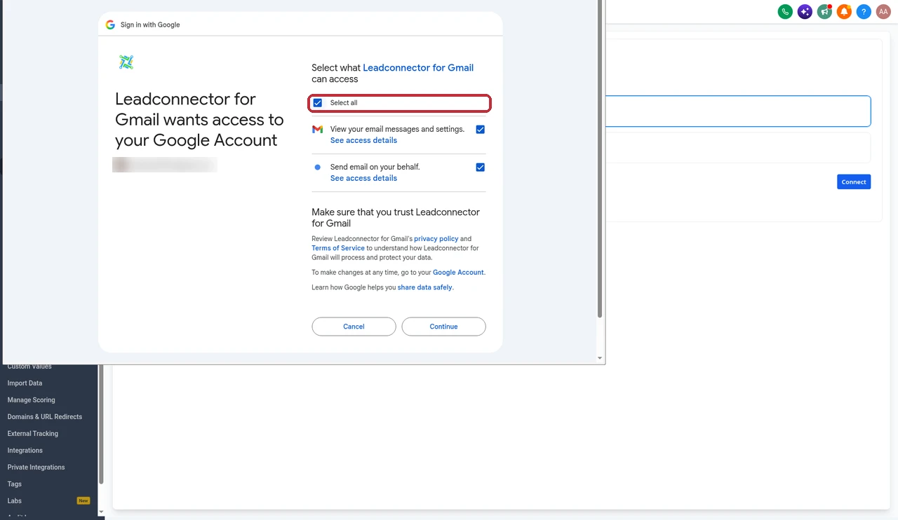 Google consent screen for Leadconnector for Gmail with the Select all checkbox highlighted above the read and send permissions