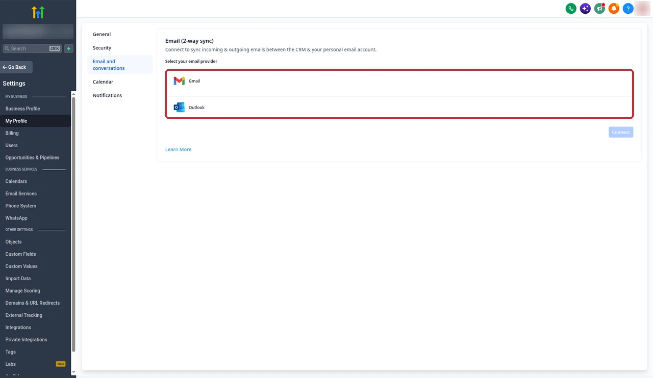 GoHighLevel Email 2-way sync section after disconnecting, showing the Gmail and Outlook provider options highlighted