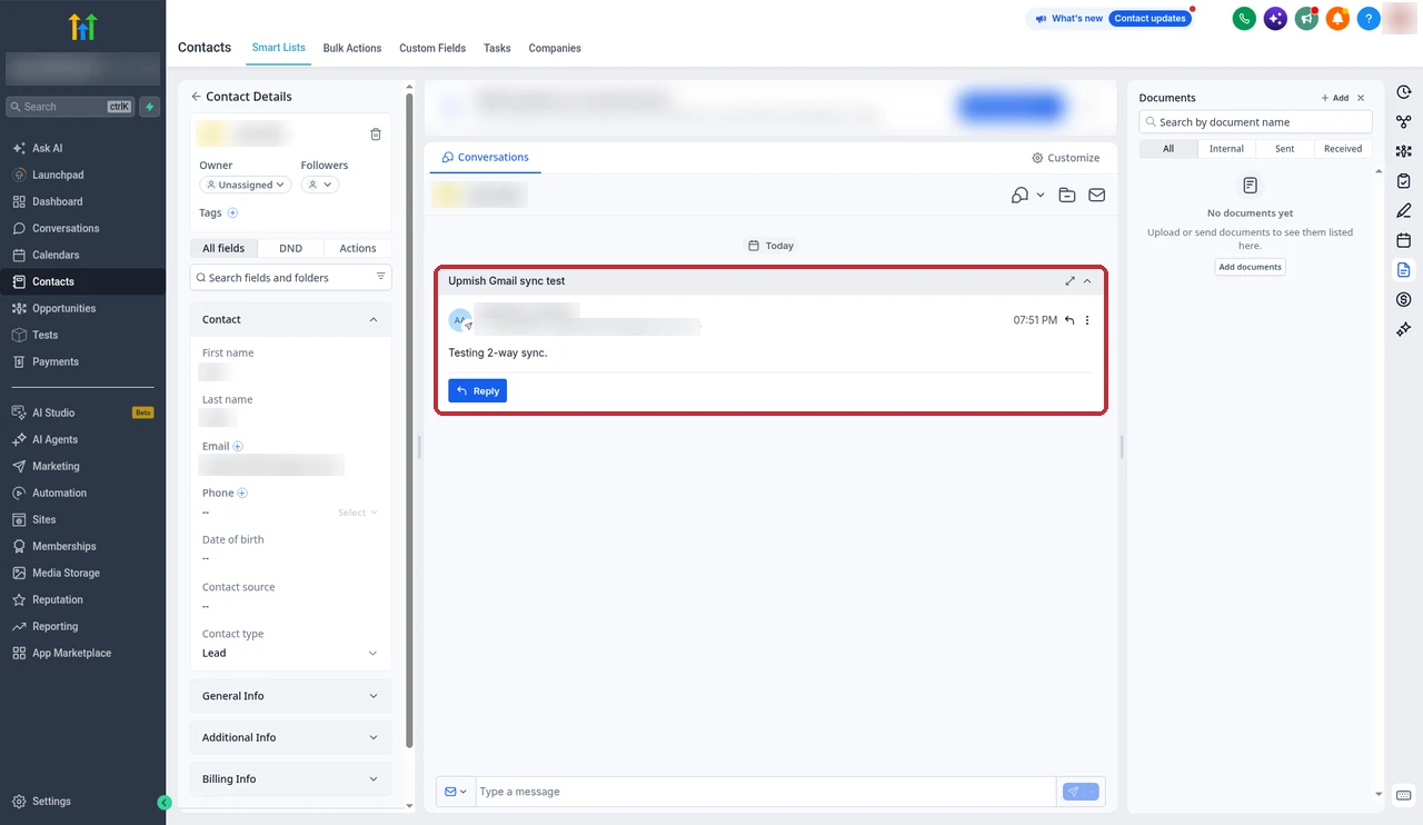 GoHighLevel contact Conversations panel showing the Upmish Gmail sync test email thread highlighted with a Reply button