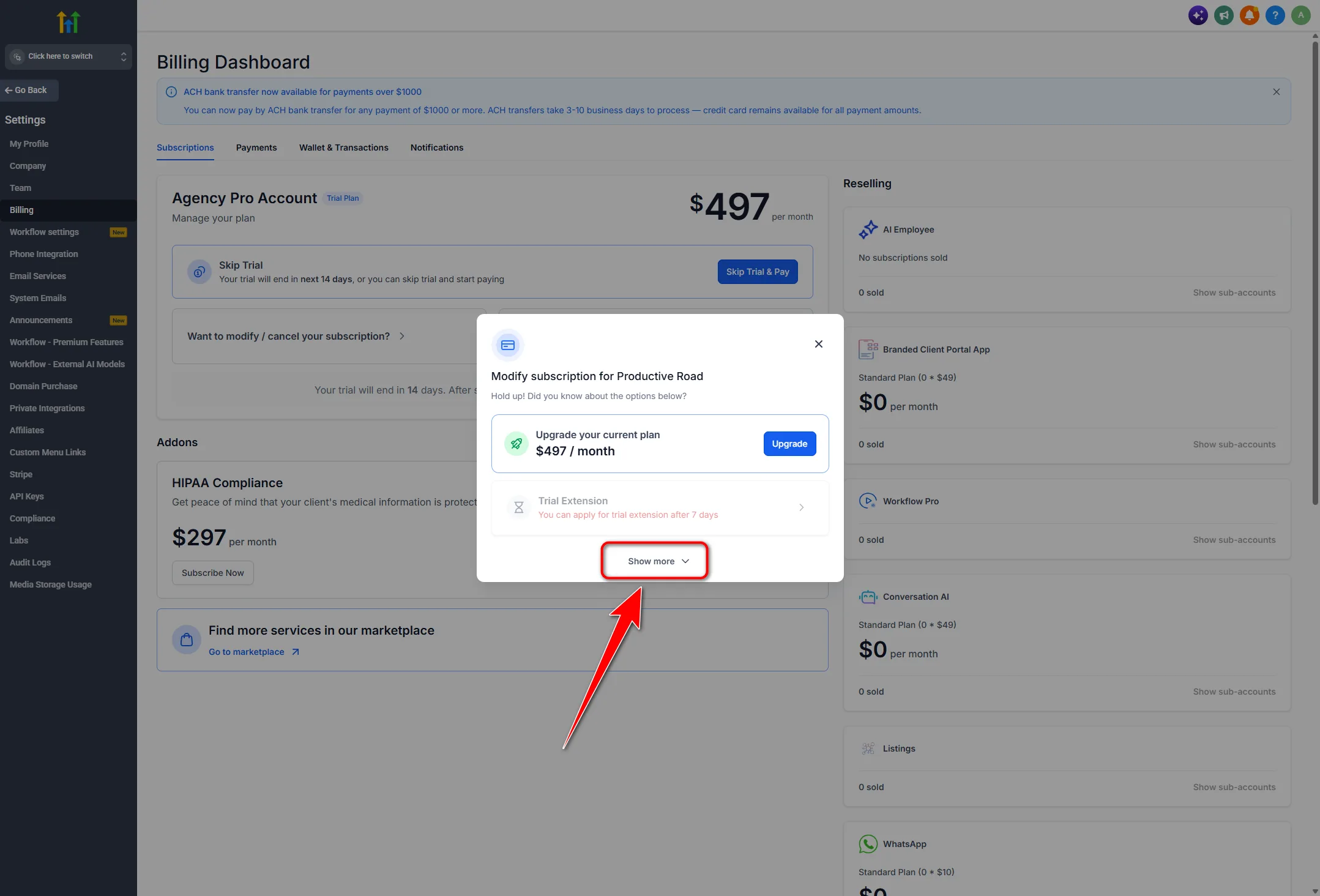 Modify subscription modal for Productive Road with Show more highlighted at the bottom