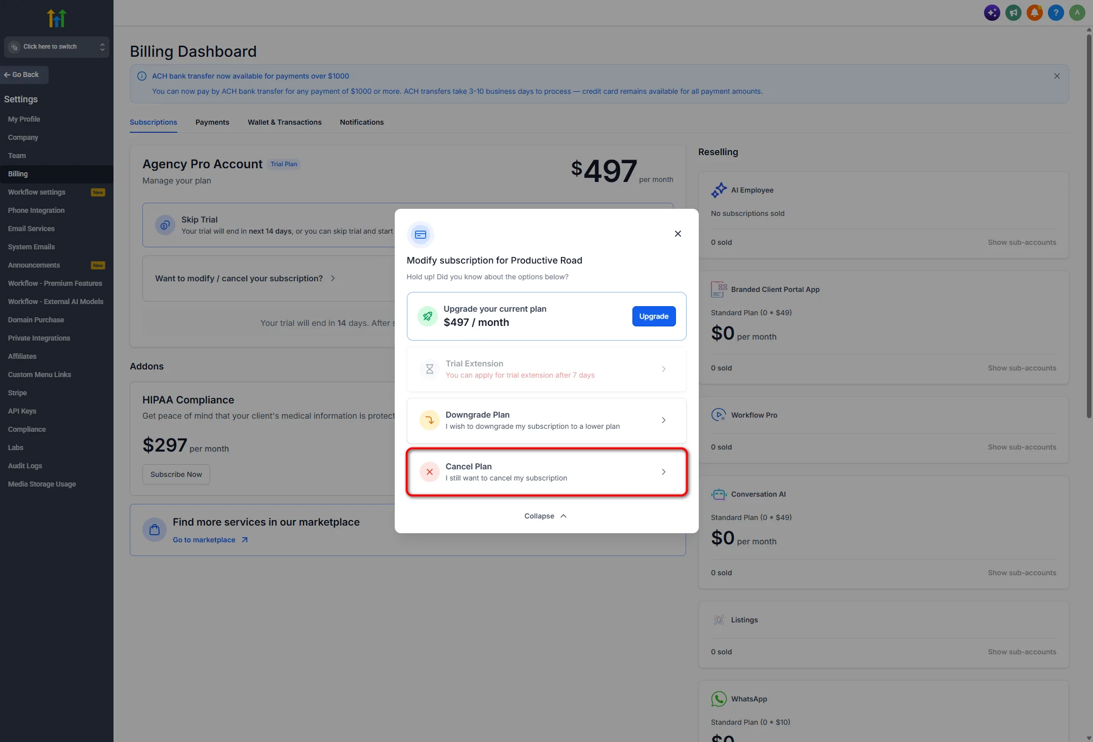 Modify subscription modal with Cancel Plan and I still want to cancel my subscription highlighted