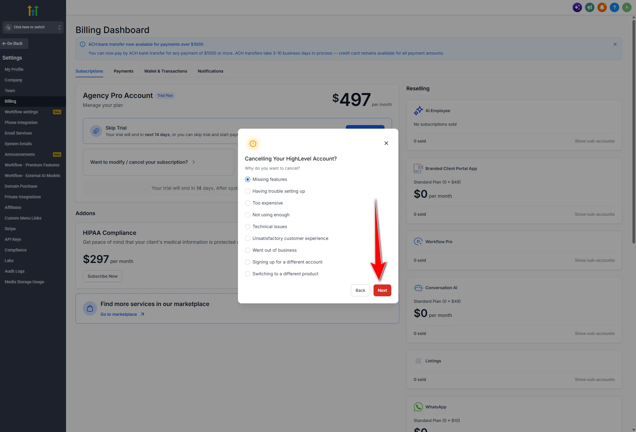 Cancelling Your HighLevel Account modal with Missing features selected and Next highlighted