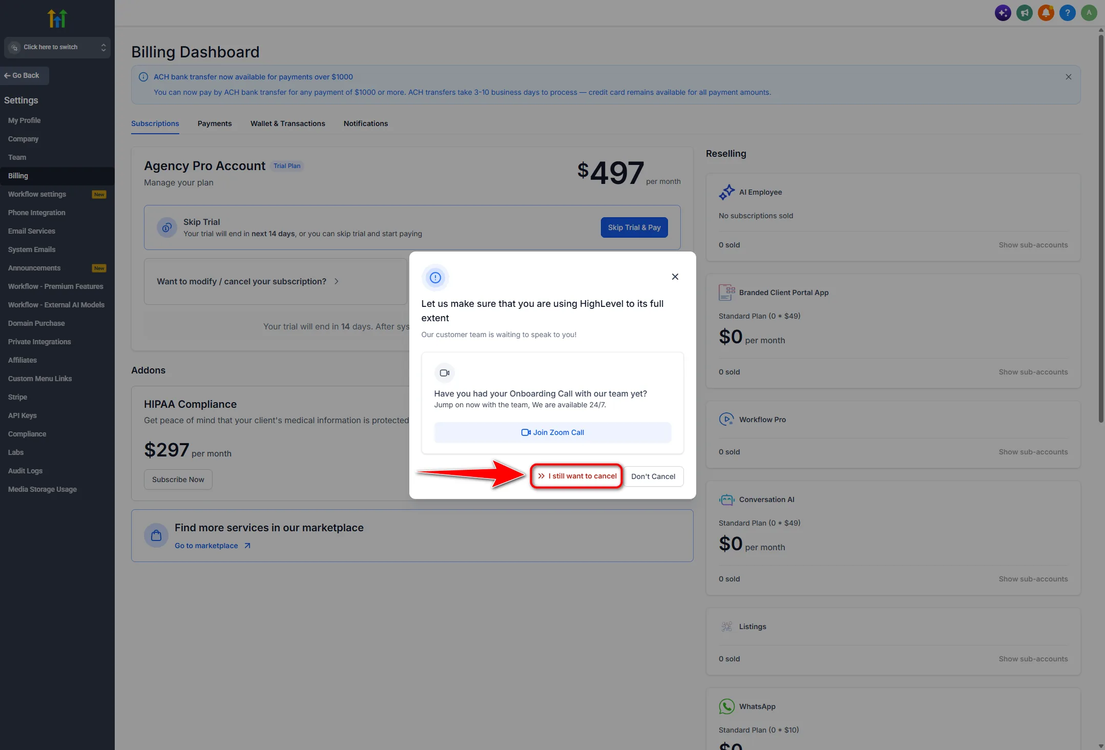 Onboarding call retention modal with Join Zoom Call and I still want to cancel highlighted