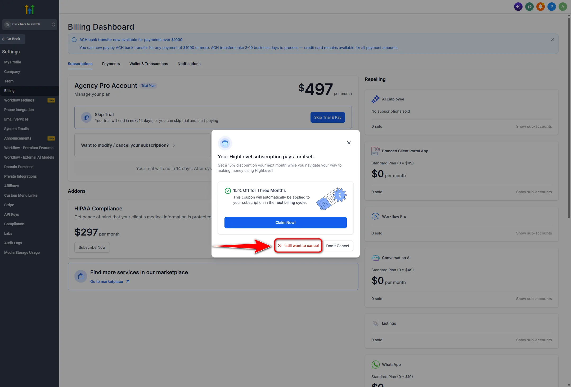 Discount retention modal offering 15 percent off for three months with I still want to cancel highlighted