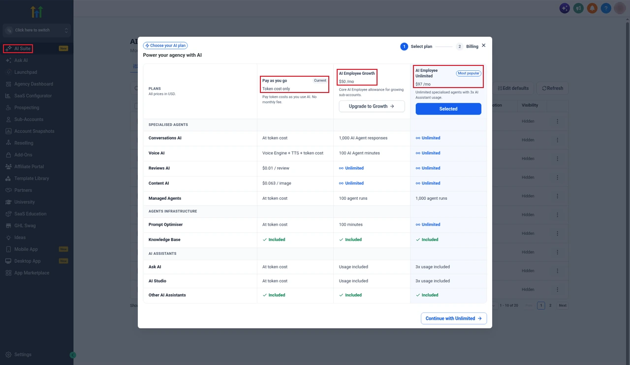 GoHighLevel AI Employee plan picker showing Pay as you go at token cost only, AI Employee Growth at $50 a month and AI Employee Unlimited at $97 a month