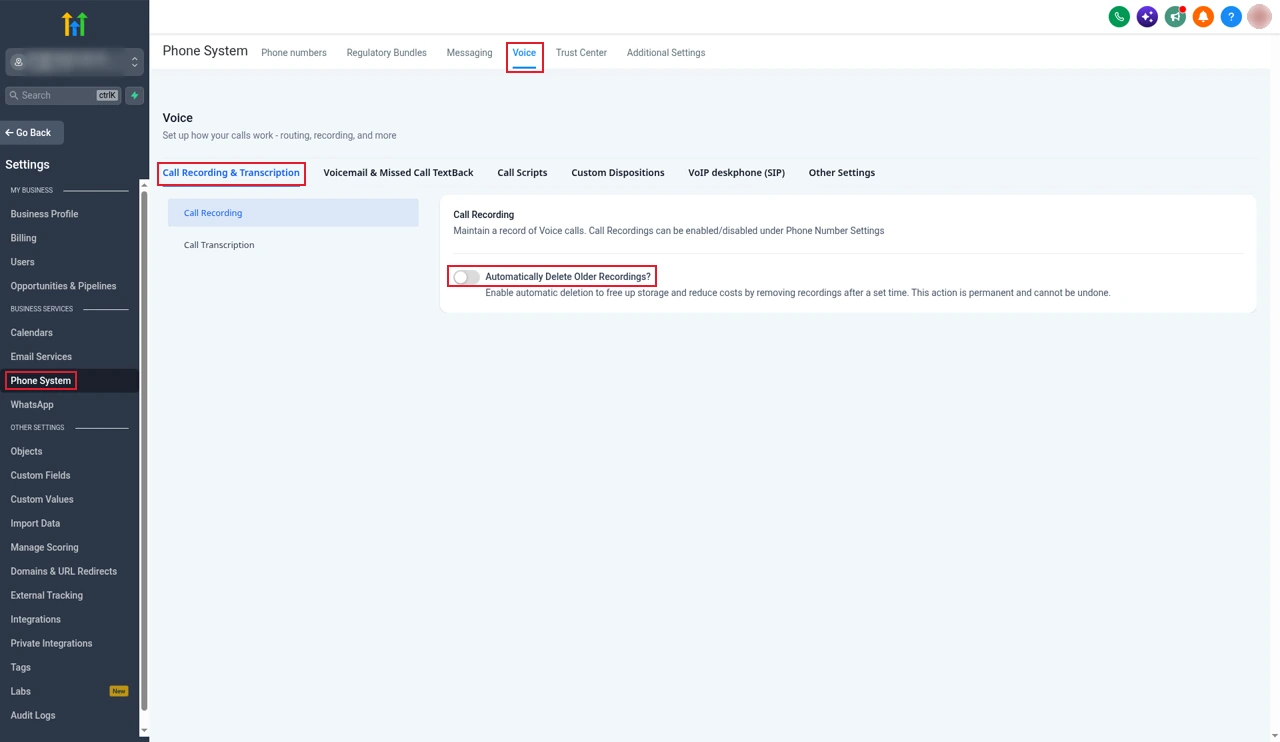GoHighLevel voice settings with the toggle to automatically delete older call recordings