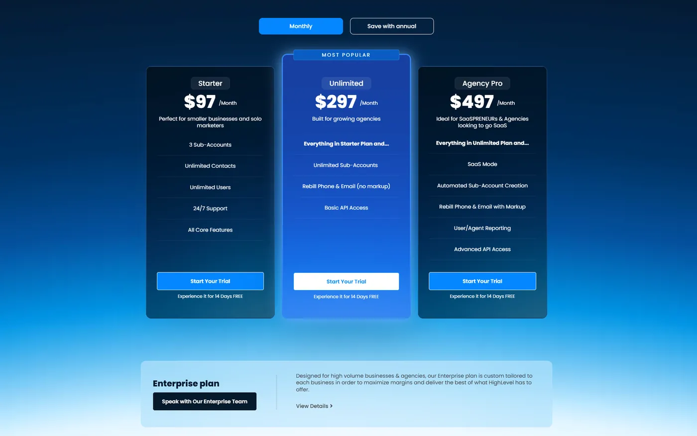 GoHighLevel pricing page showing Starter at $97 per month, Unlimited at $297 per month and Agency Pro at $497 per month, with a 14-day free trial