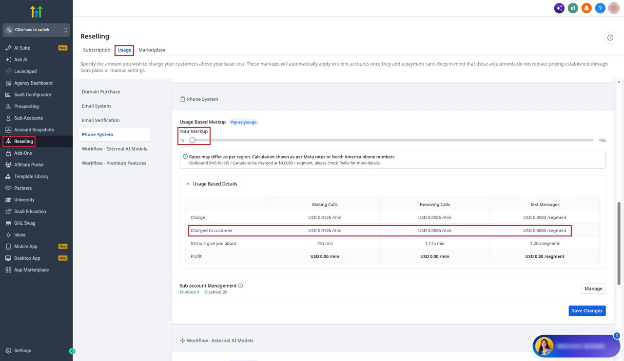GoHighLevel reselling settings for the phone system with the 1x markup and the Charged to customer row highlighted: $0.0126 a minute for outbound calls, $0.0085 a minute inbound and $0.0083 per text segment