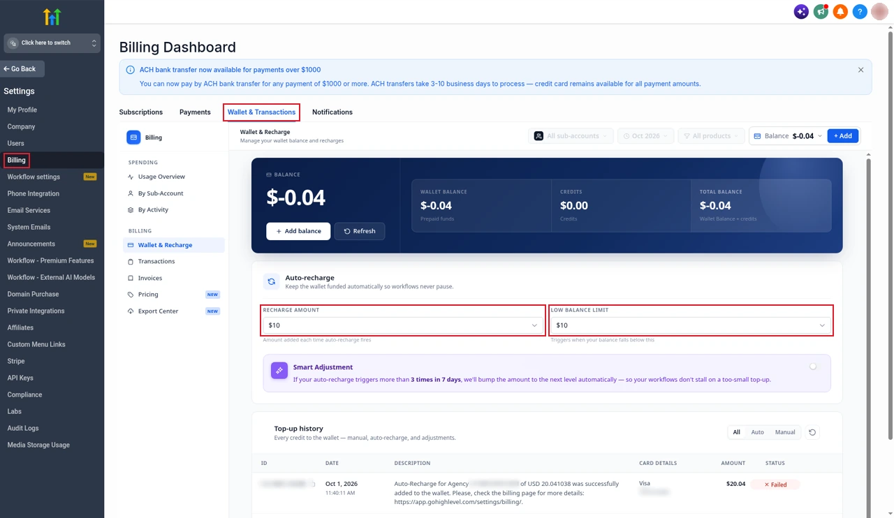 GoHighLevel agency wallet settings with auto-recharge set to add $10 when the balance falls below $10