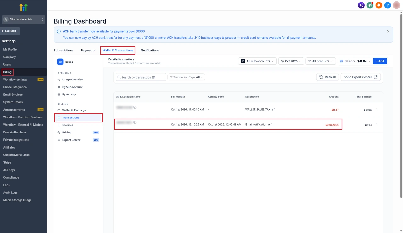 GoHighLevel wallet transactions with an EmailNotification charge of $0.002025 highlighted