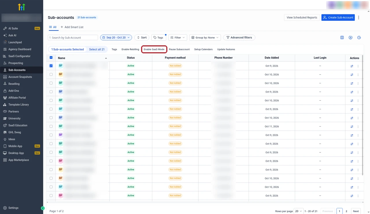 GoHighLevel Sub-accounts page with one sub-account selected and the Enable SaaS Mode bulk option highlighted