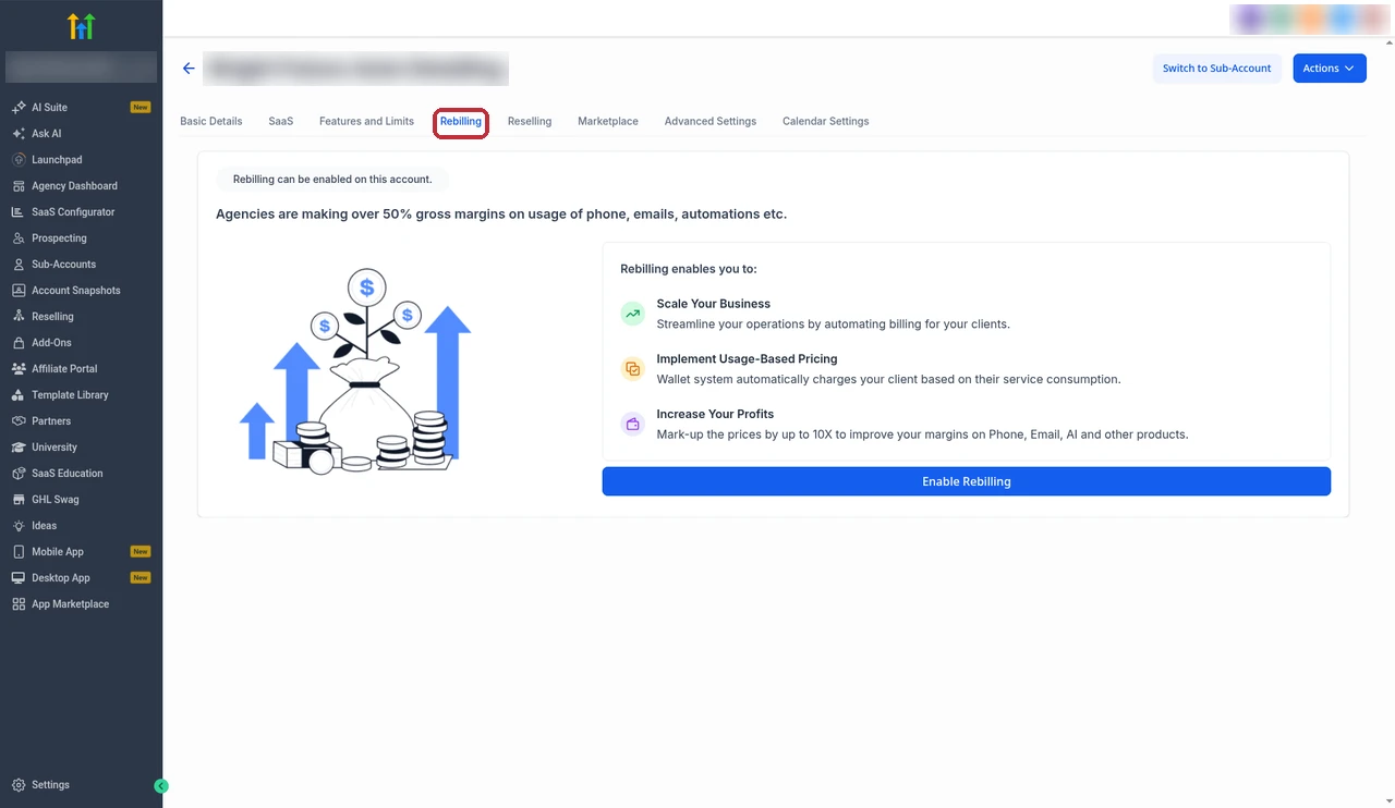 GoHighLevel Manage Client page with the Rebilling tab highlighted next to Basic Details, SaaS and Reselling