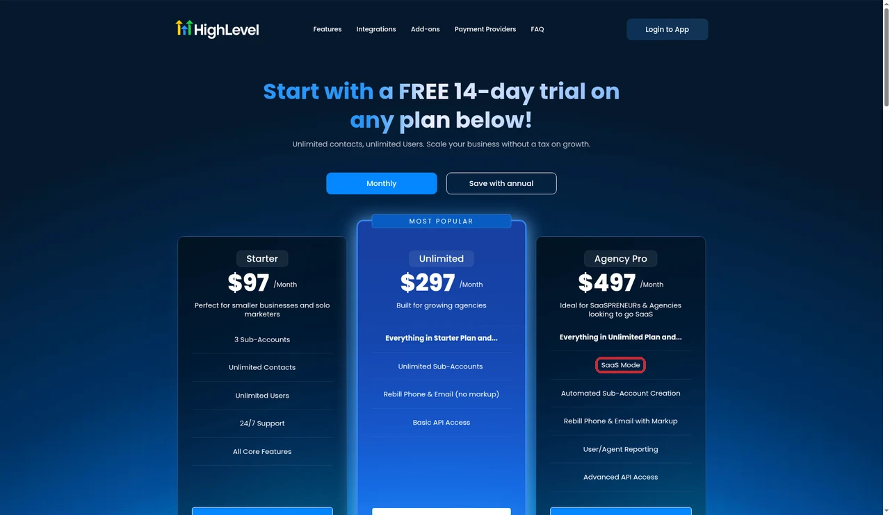 GoHighLevel pricing page with SaaS Mode highlighted under the $497 Agency Pro plan