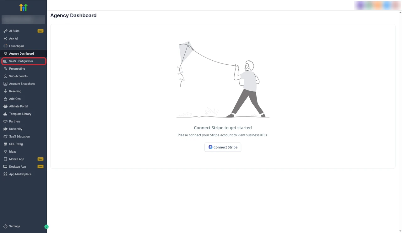GoHighLevel agency view left menu with the SaaS Configurator item highlighted