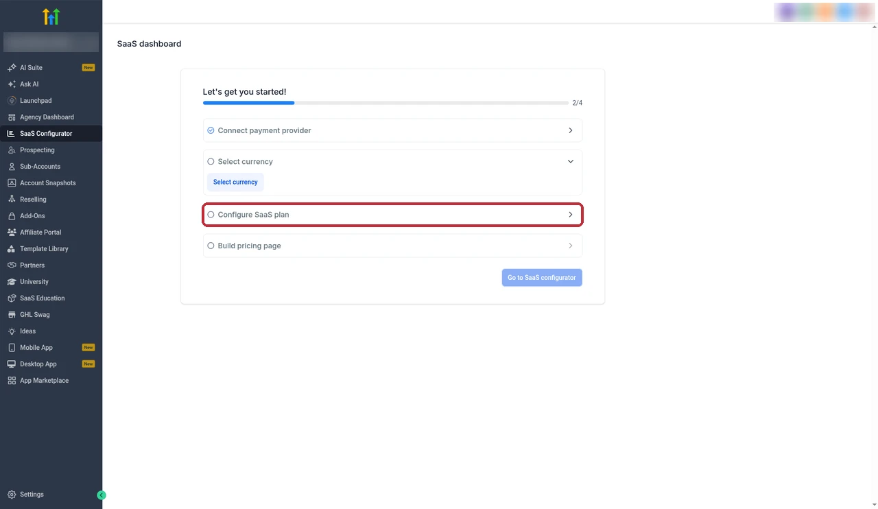 GoHighLevel SaaS dashboard setup checklist with the Configure SaaS plan step highlighted