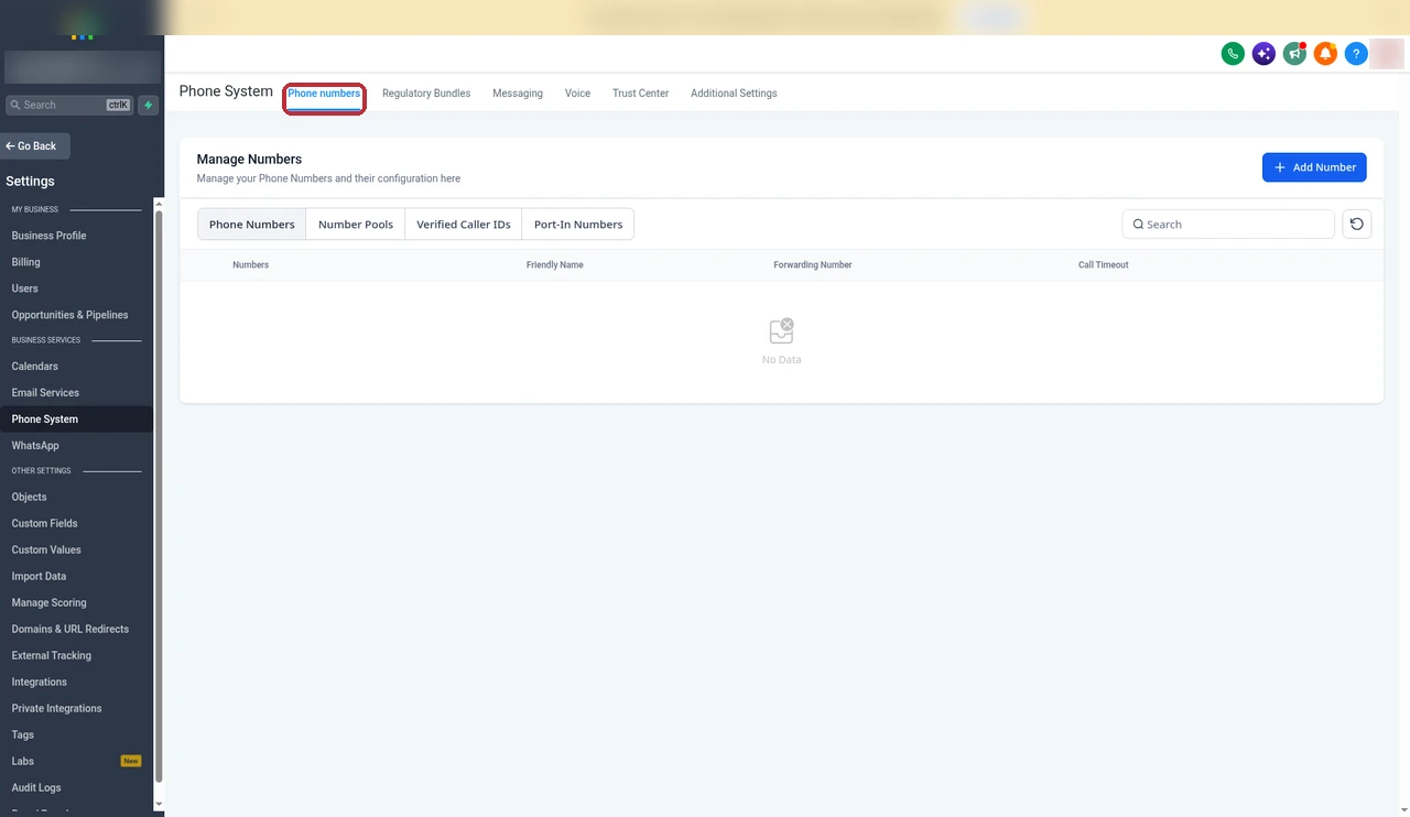 GoHighLevel Phone System settings with the Phone numbers tab highlighted and the Manage Numbers list