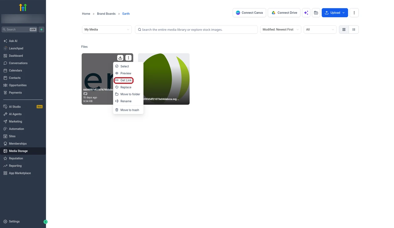 GoHighLevel Media Storage file menu open with the Get Link option highlighted