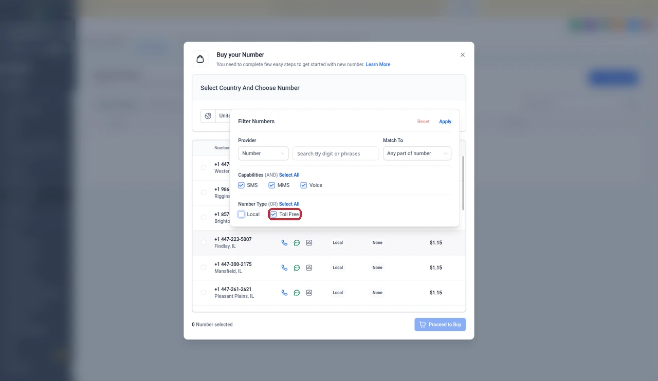 GoHighLevel Buy your Number window with the filter panel open and the Toll Free number type checked