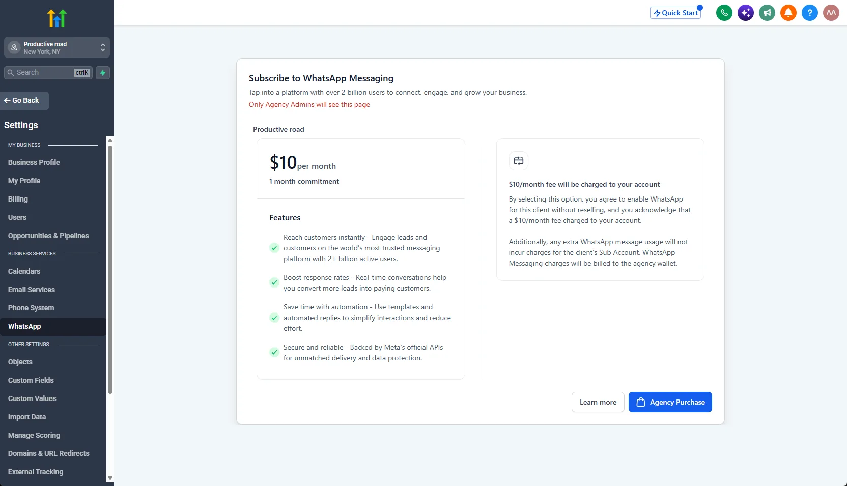 GoHighLevel sub-account Settings, WhatsApp page titled Subscribe to WhatsApp Messaging, showing $10 per month with a 1 month commitment and an Agency Purchase button