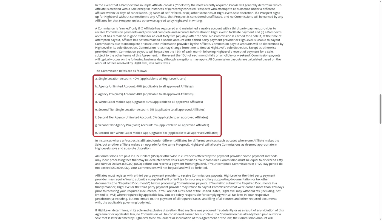 HighLevel Affiliate Program Services Agreement section 3 listing 40% and 5% commission rates by plan