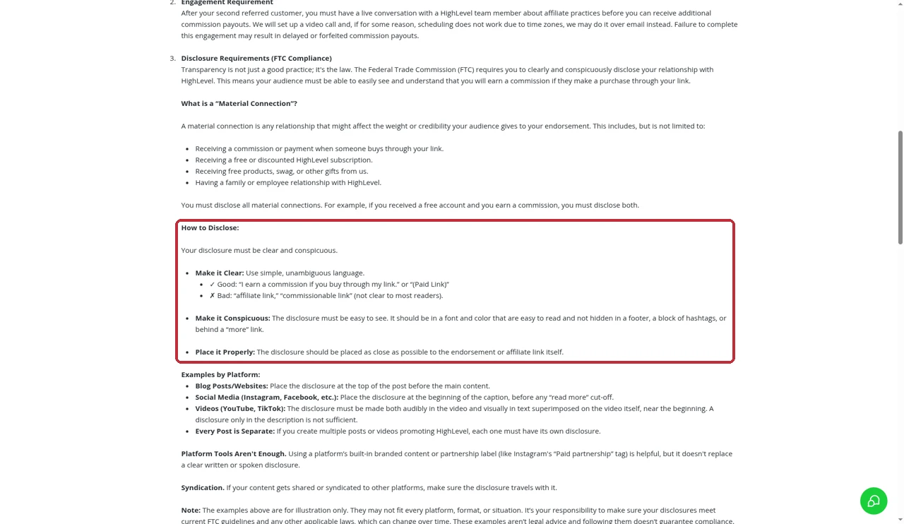 HighLevel affiliate program rules showing how to disclose affiliate links