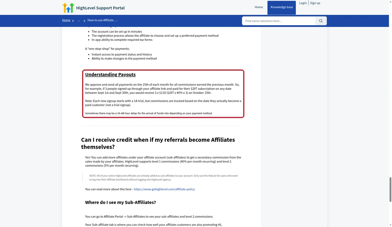 HighLevel help doc explaining that affiliate payouts are sent on the 15th through Tipalti