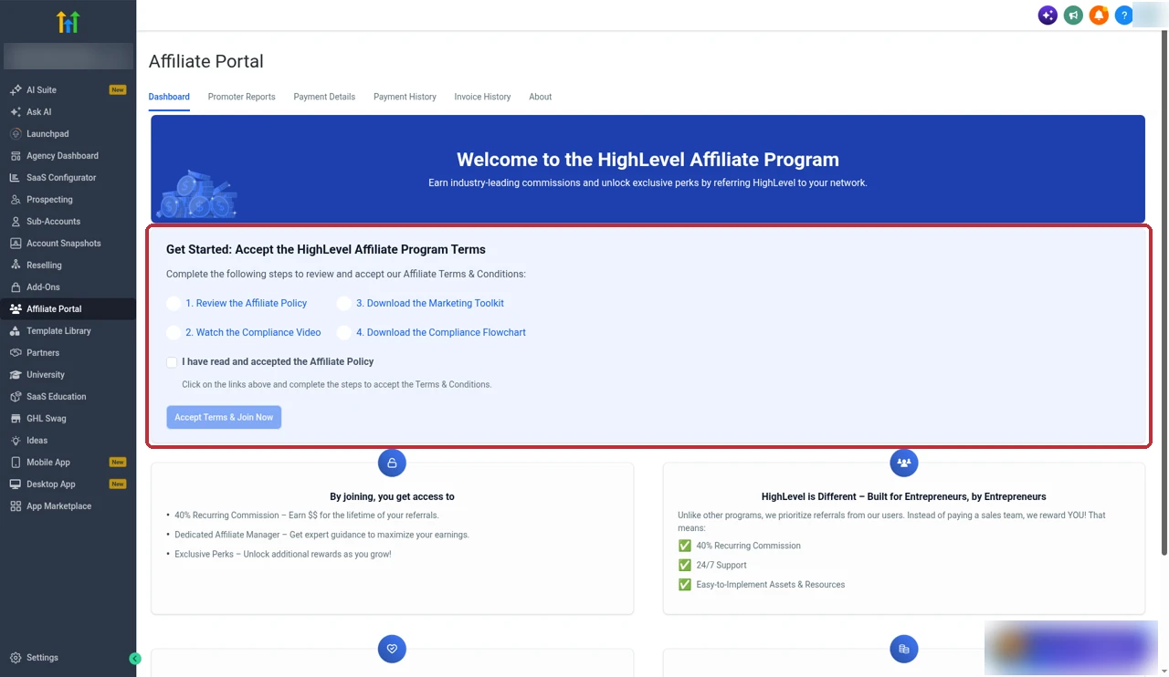 GoHighLevel Affiliate Portal dashboard with the Accept Terms and Join Now steps