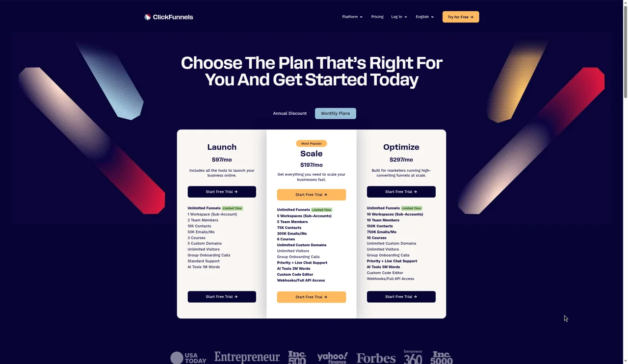 ClickFunnels pricing page on monthly billing showing Launch at $97, Scale at $197 and Optimize at $297 a month