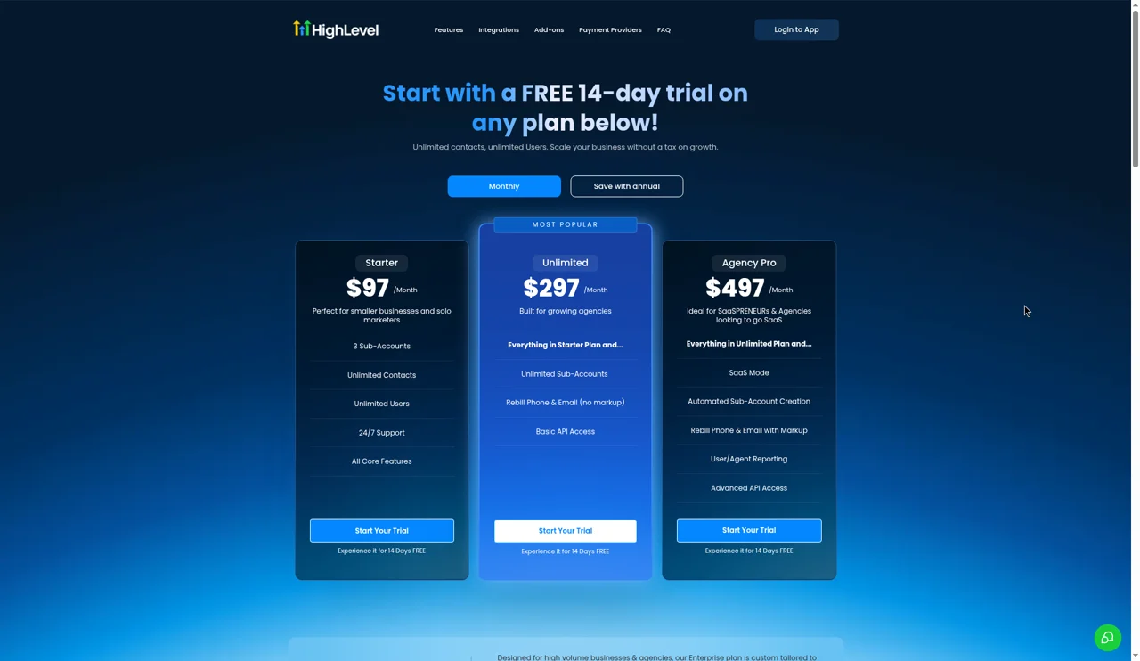 GoHighLevel pricing page showing the Starter plan at $97 a month, Unlimited at $297 a month and Agency Pro at $497 a month with a free 14-day trial