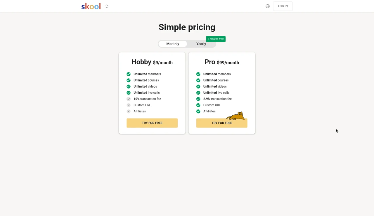 Skool pricing page showing the Hobby plan at $9 a month with a 10% transaction fee and the Pro plan at $99 a month with a 2.9% transaction fee