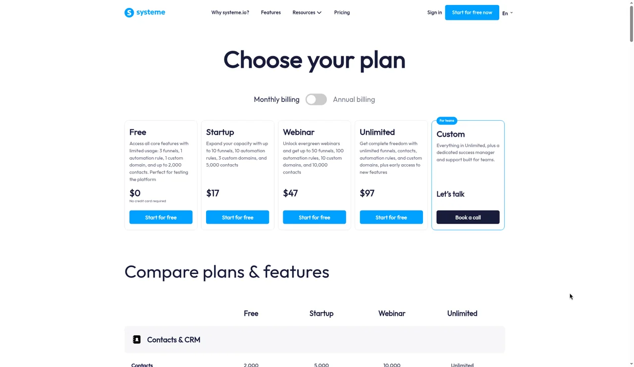 Systeme.io pricing page on monthly billing showing the Free plan at $0, Startup at $17, Webinar at $47 and Unlimited at $97
