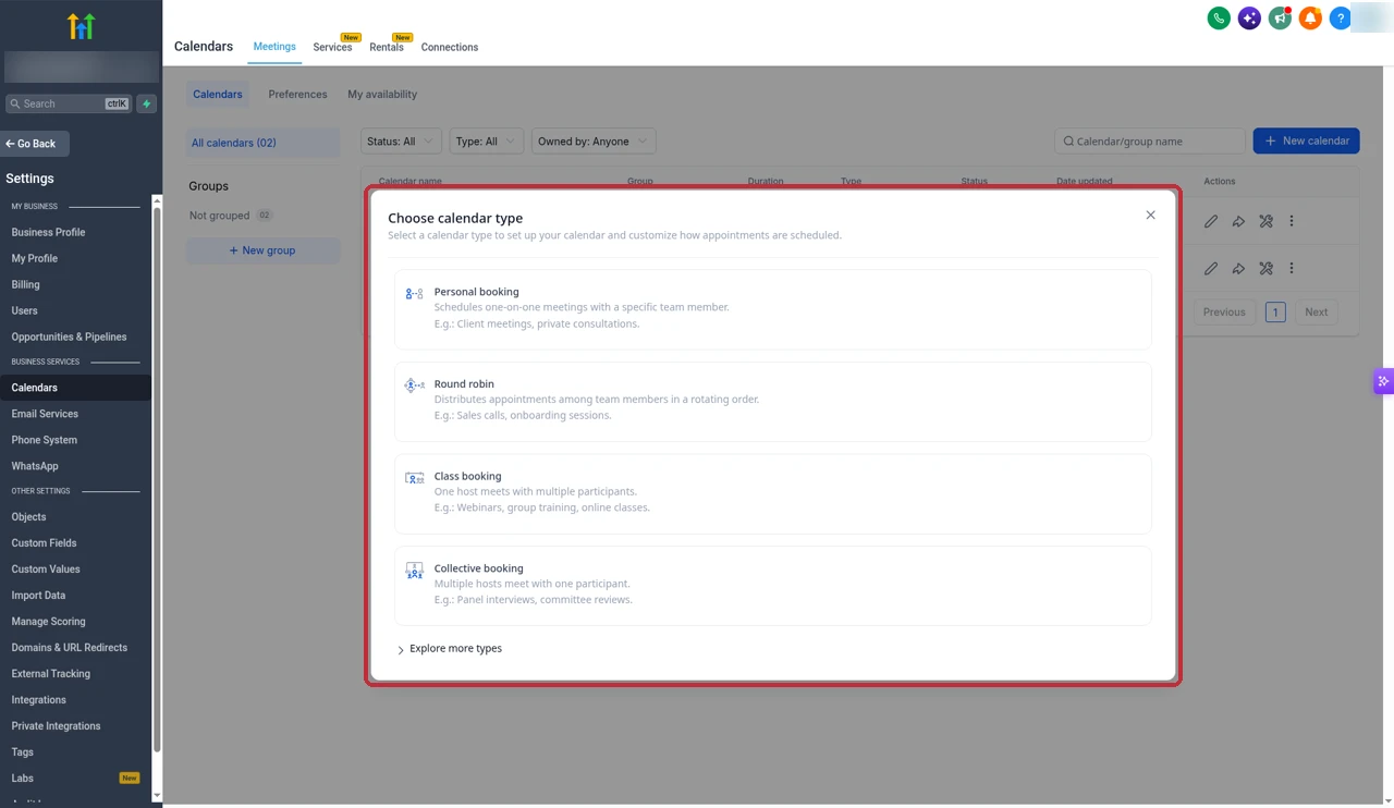 GoHighLevel Choose calendar type pop-up listing Personal booking, Round robin, Class booking and Collective booking