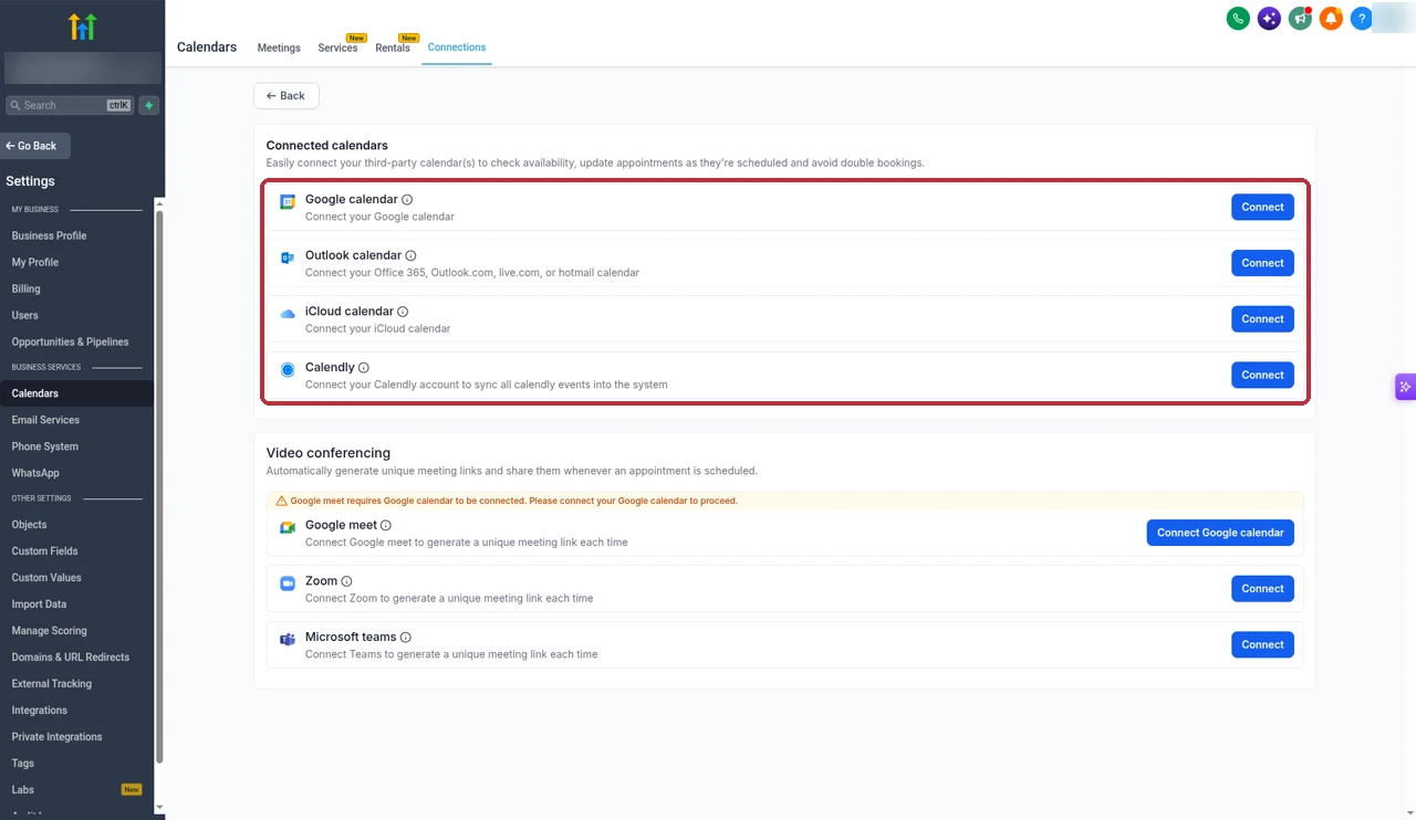 GoHighLevel Connections tab listing Google, Outlook, iCloud and Calendly calendars