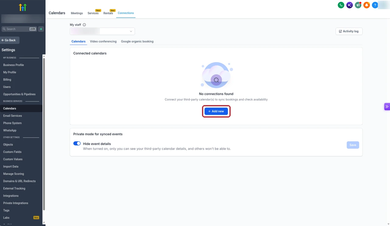 GoHighLevel connected calendars panel with the Add new button highlighted