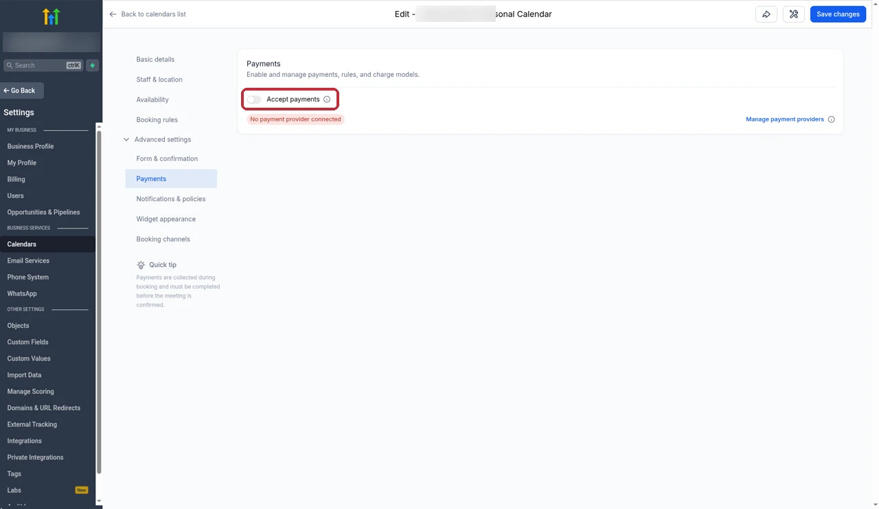 GoHighLevel calendar Payments section with the Accept payments option highlighted