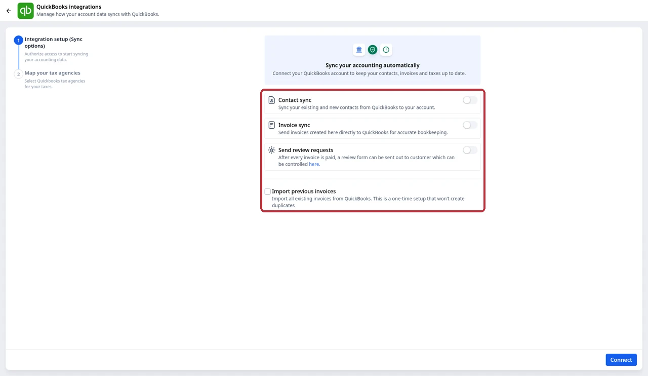 QuickBooks integration setup screen in GoHighLevel with Contact sync, Invoice sync, Send review requests and Import previous invoices