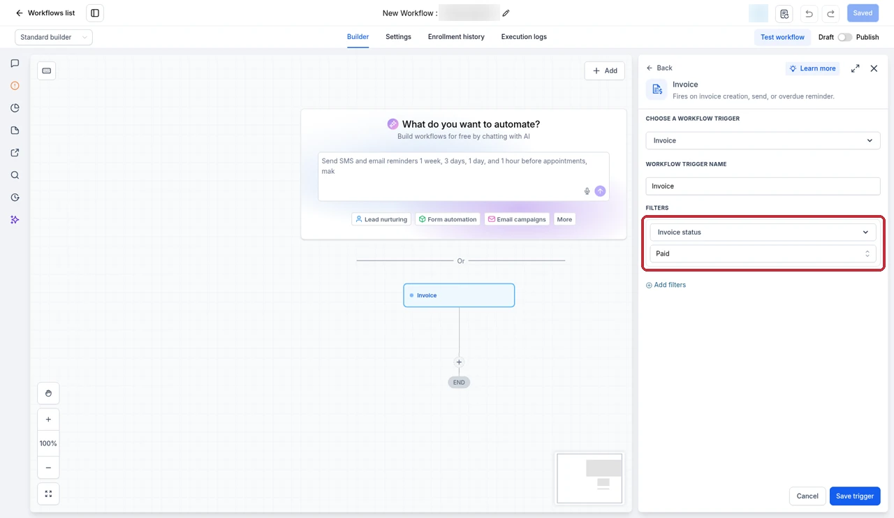 GoHighLevel workflow Invoice trigger with the Invoice status filter set to Paid