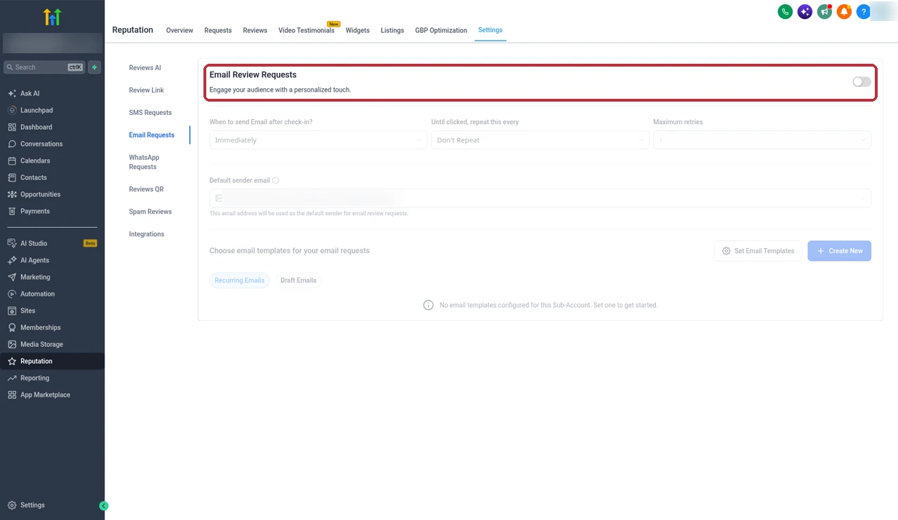 GoHighLevel Reputation Settings Email Requests page