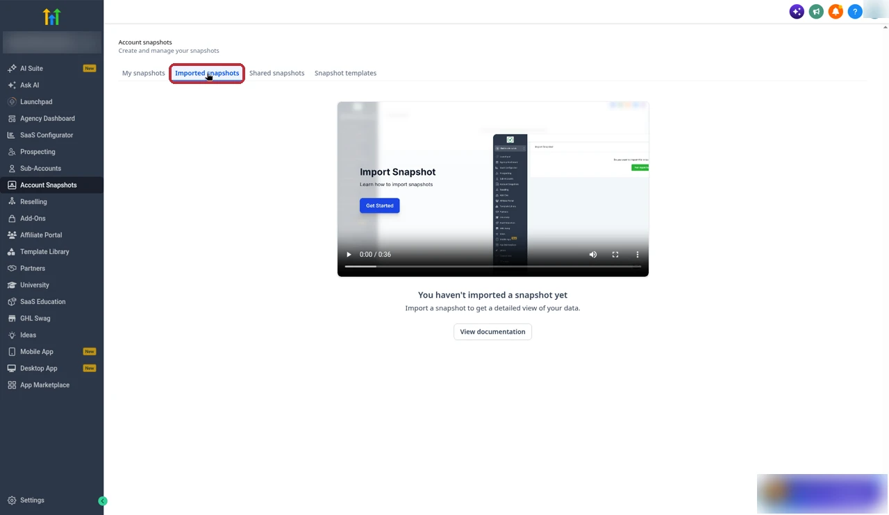 GoHighLevel Account Snapshots Imported snapshots tab highlighted, showing the empty state with no import button