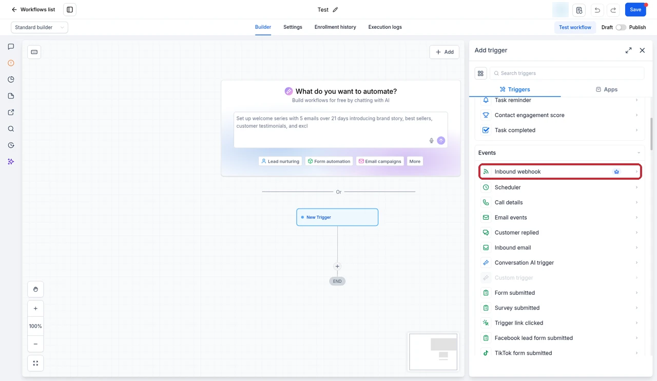 GoHighLevel trigger picker with the premium Inbound Webhook trigger highlighted