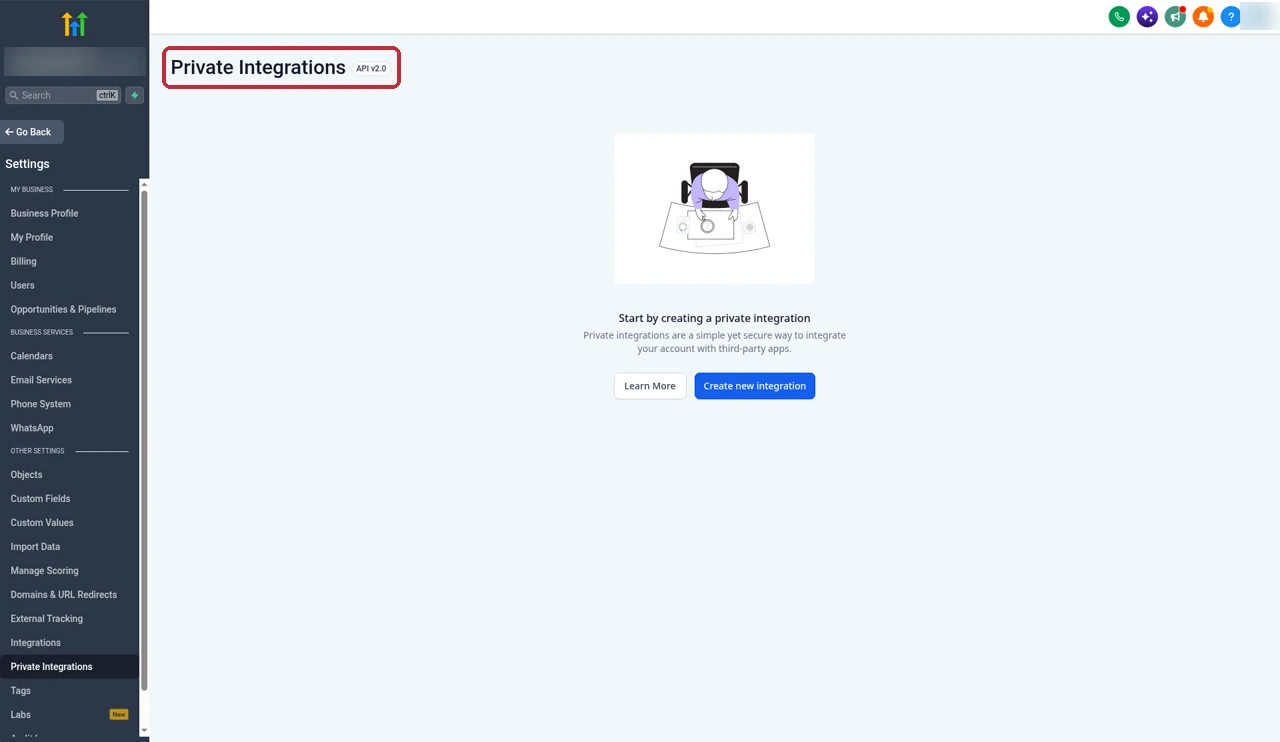 GoHighLevel Private Integrations settings page with the heading highlighted