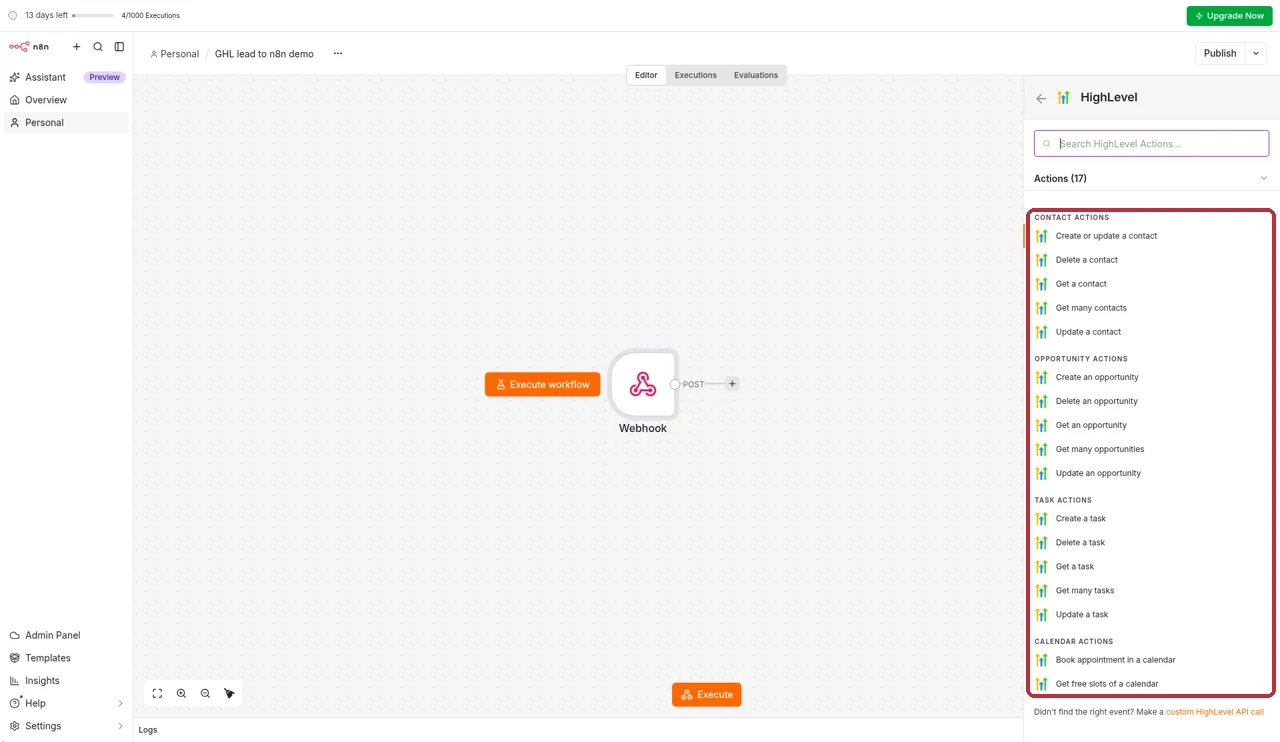 n8n HighLevel node action list with contact, opportunity, task and calendar actions highlighted