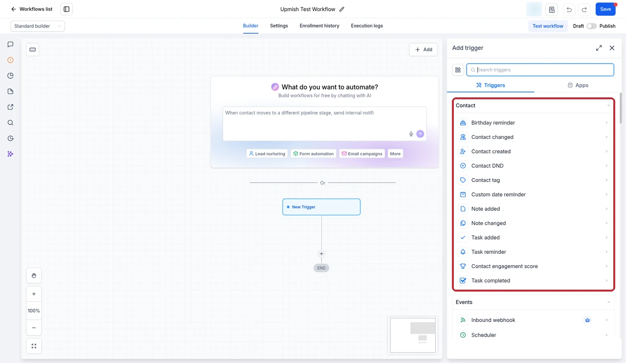 GoHighLevel Add trigger panel with the Contact trigger list highlighted