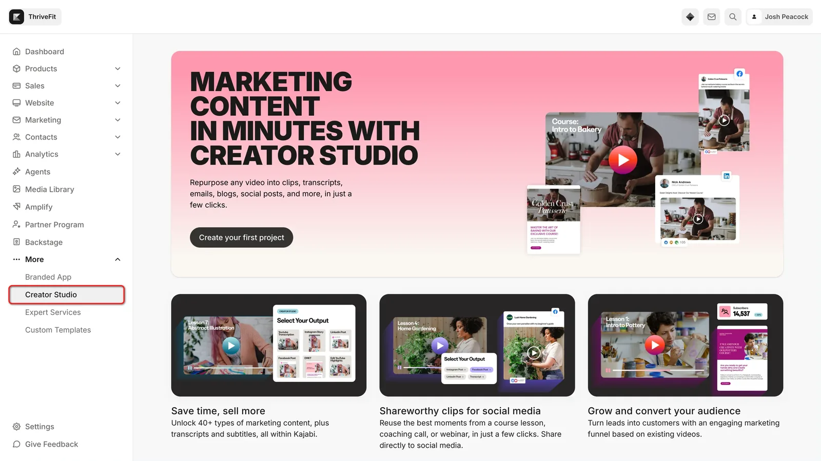 Kajabi Creator Studio overview with More menu open and Creator Studio highlighted between Branded App and Expert Services