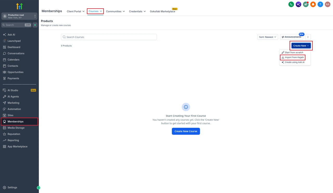 GoHighLevel Memberships course Products page with the Create New menu open and Import from Kajabi highlighted